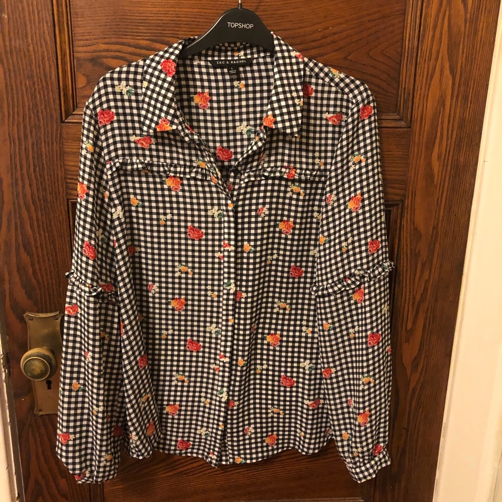 Gingham Flowery Rose Printed Long Sleeve Blouse